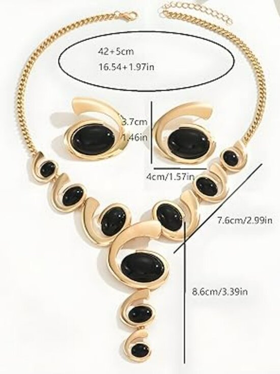 Gold & Black Boho Classy Chunky Jewelry Set Vintage Pendant Necklace Stackable - Picture 5 of 5